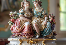 Sculpture en porcelaine de Capodimonte représentant deux personnages féminins dans un jardin.
