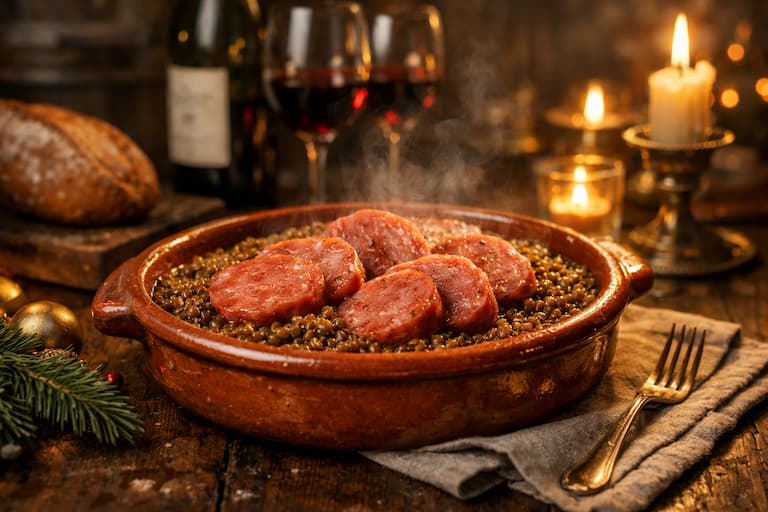 Cotechino servi avec des lentilles sur une table italienne traditionnelle pour le Nouvel An