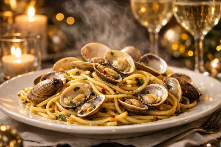 Spaghetti alle vongole servis pour le réveillon du Nouvel An dans la tradition italienne