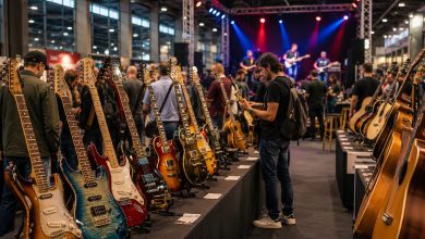 Salon Guitar Show Italia à Bologne avec exposition de guitares électriques et acoustiques dans une grande halle dédiée à la musique